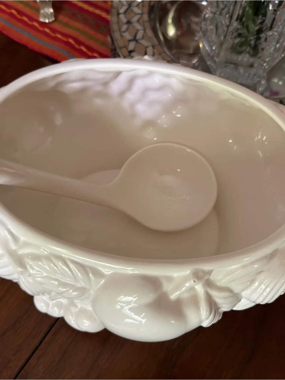 White Ceramic Covered Serving Bowl with Fruit Relief